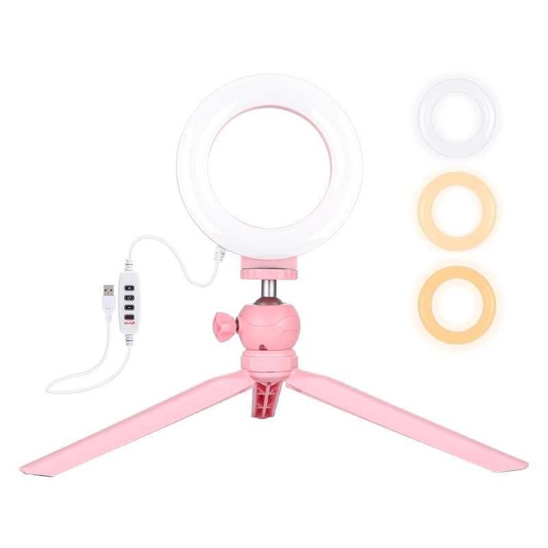 12Cm Led Ring Light With Usb 3 Modes Dimmable Cold Shoe Tripod Ball Head – Pink PRL-F1903TKP