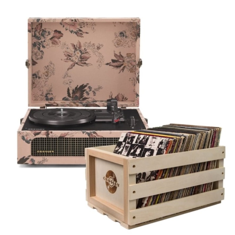 Crosley Voyager Bluetooth Portable Turntable – Floral + Bundled Record Storage Crate V398-CR8017BSC-FL4