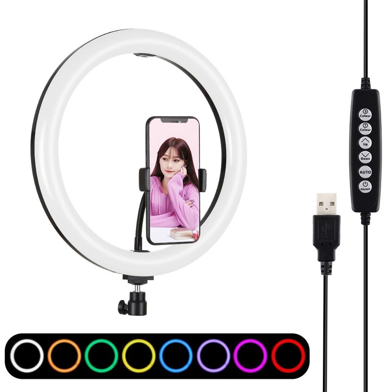 30Cm Curved Surface Led Ring Light With Tripod And Phone Clamp – 10 Modes 8 Colours Usb Powered PRL-B425UP