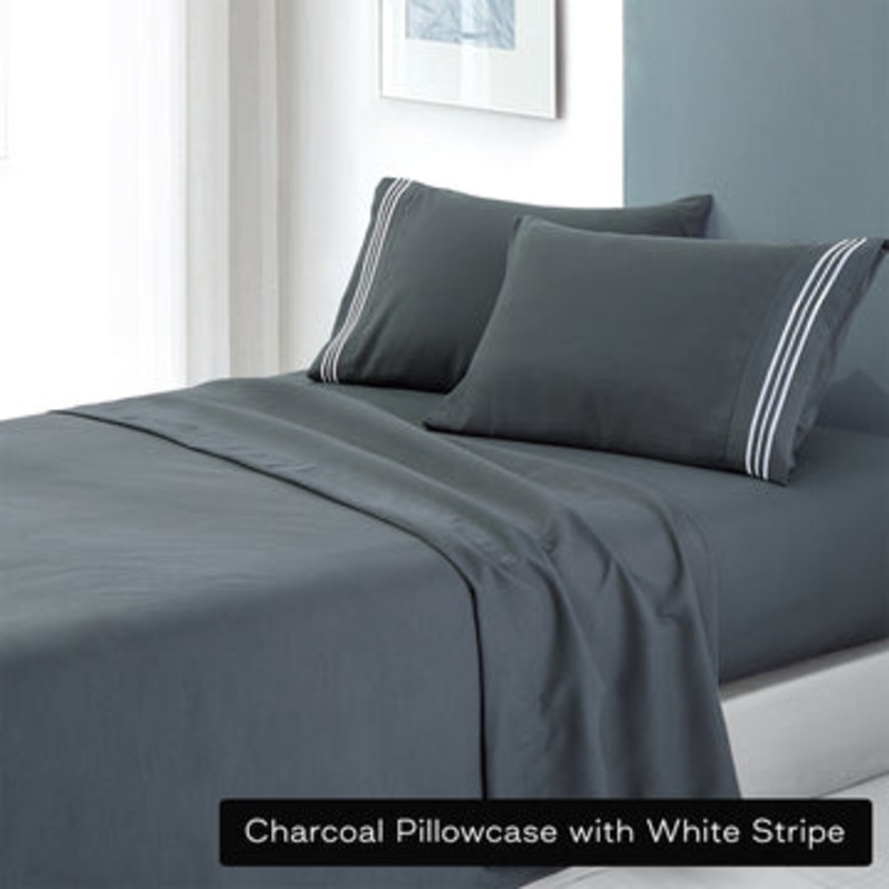 soft microfibre embroidered stripe sheet set queen charcoal pillowcase white stripe V517-EBMF1000-Q-CHA