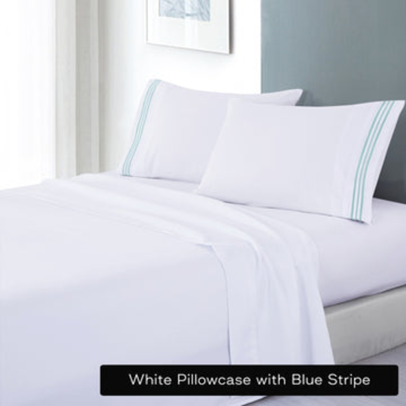 soft microfibre embroidered stripe sheet set queen white pillowcase blue stripe V517-EBMF1000-Q-WBL