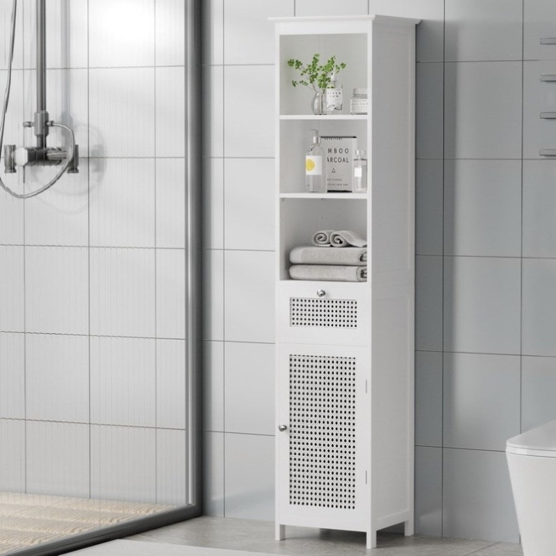 Artiss Bathroom Cabinet Storage 161cm White Rattan Tallboy Toilet Cupboard FURNI-G-BATH-RAT-01-WH