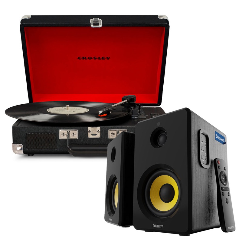 Crosley Cruiser Bluetooth Portable Turntable – Black + Bundled Majority D40X Bluetooth Speakers V398-CR8005FMY-BK4