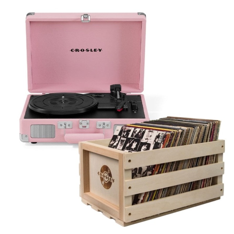 Crosley Cruiser Bluetooth Portable Turntable – Blush Pink + Bundled Crosley Record Storage Crate V398-CR8005ESC-BH4