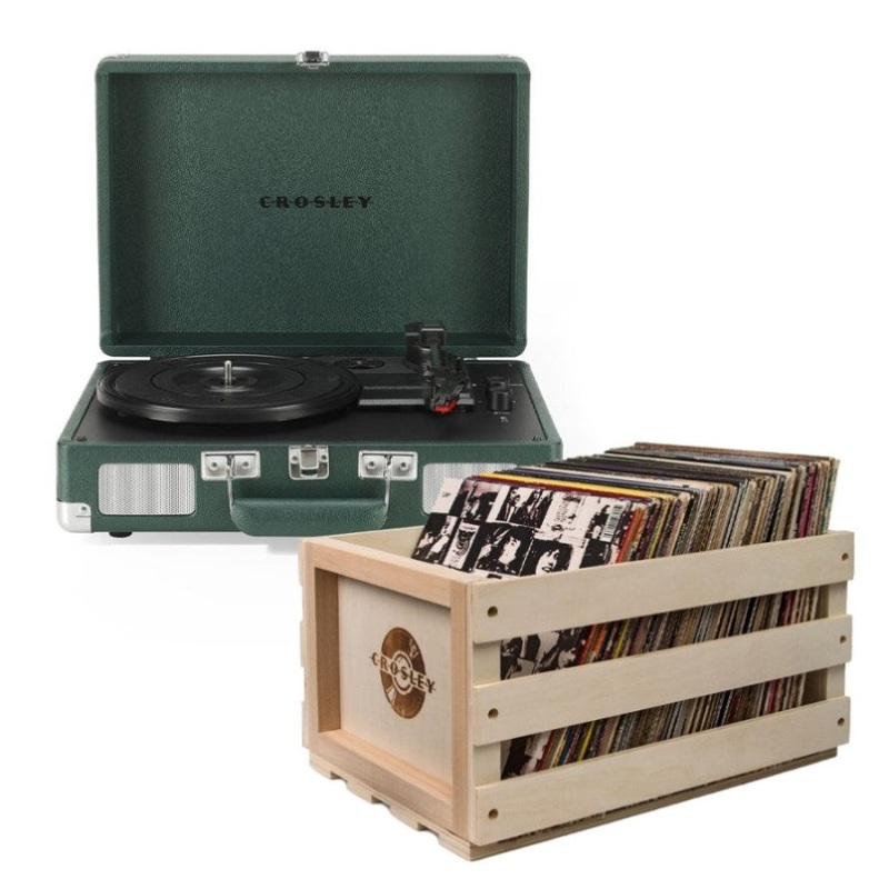 Crosley Cruiser Bluetooth Portable Turntable – Emerald Green + Bundled Crosley Record Storage Crate V398-CR8005FSC-EM4