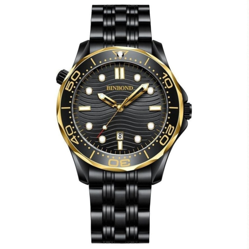 30M Waterproof Men Quartz Watch – Black Steel With Inter-Gold Accents And Luminous Dial PRL-7028043060DBT