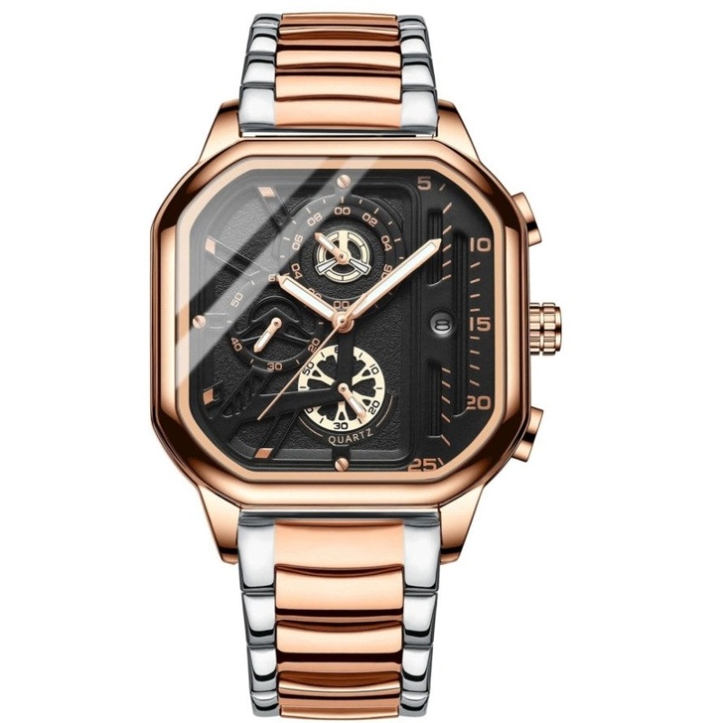 Waterproof Luminous Square Quartz Watch In Rose Gold And Black PRL-7096343060DBT