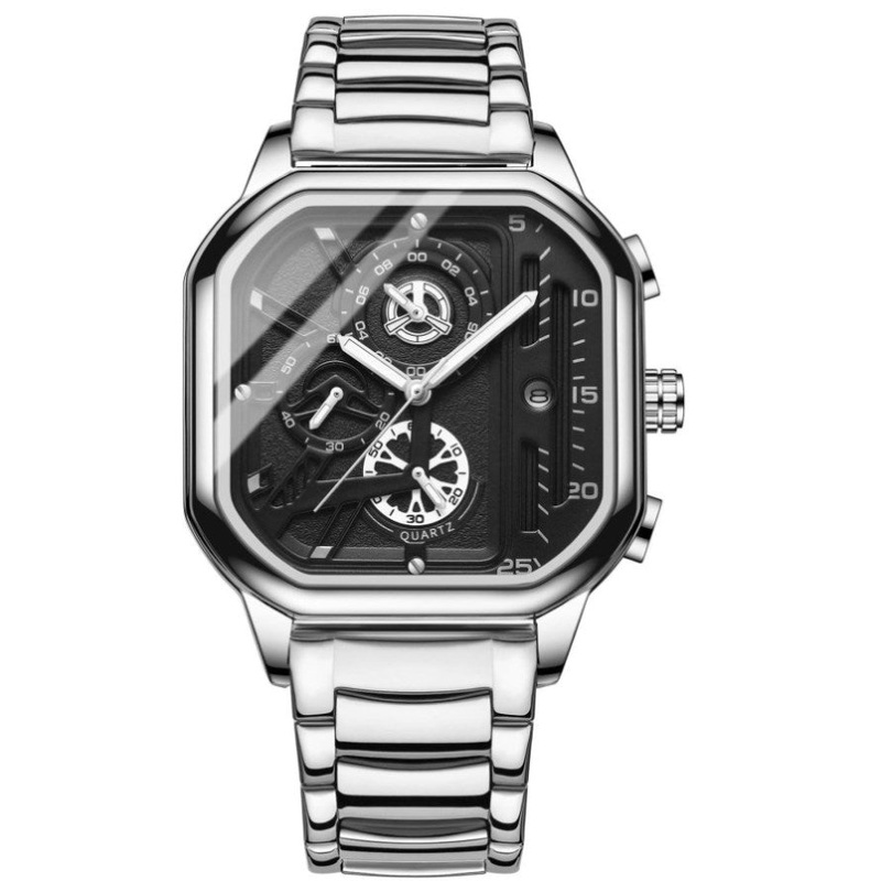 Waterproof Luminous Square Quartz Watch – White Steel With Black And White Accents – 30M PRL-8096343060DBT