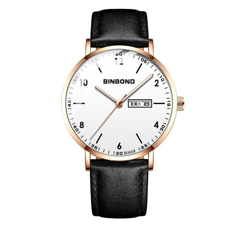 Waterproof Ultra-Thin Quartz Luminous Watch With Starry Design – Black Leather / Rose Gold / White PRL-6128343060DBT