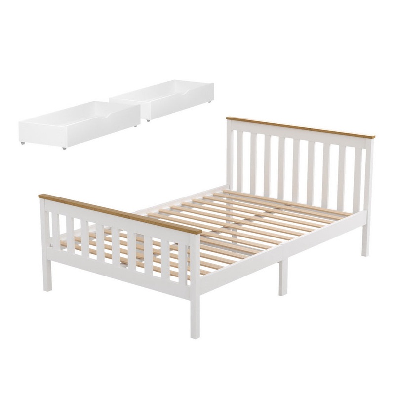 Artiss Bed Frame Double Size Wooden Platform with 2 Storage Drawers White PONY WBED-D-TC18-137-DRAW