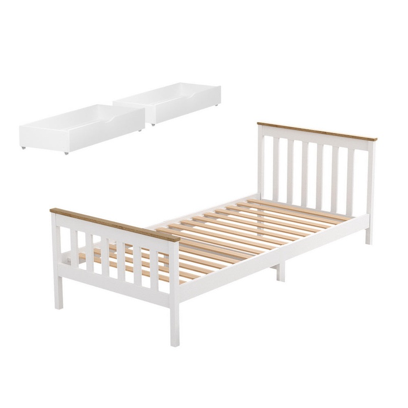 Artiss Bed Frame Single Size Wooden Platform with 2 Storage Drawers White PONY WBED-D-TC18-92-DRAW