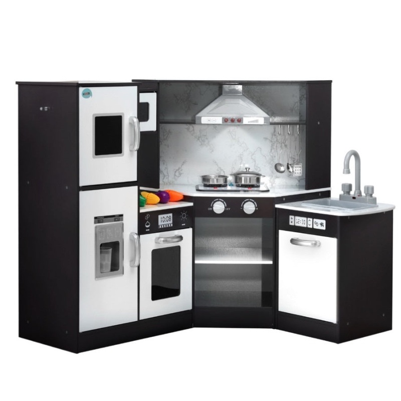 Keezi Kids Kitchen Play Set Wooden Pretend Cooking Playset w/Sounds Lights Black PLAY-WOOD-TAP-BK