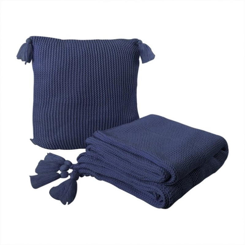 DreamZ Knitting Throw Blanket Cushion Navy BK1021SET-NV