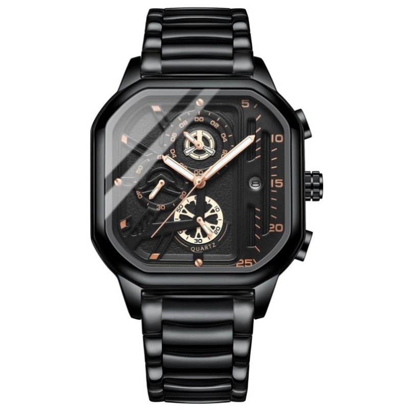 Waterproof Luminous Square Quartz Watch In Black Steel And Rose Gold – 30M PRL-5096343060DBT