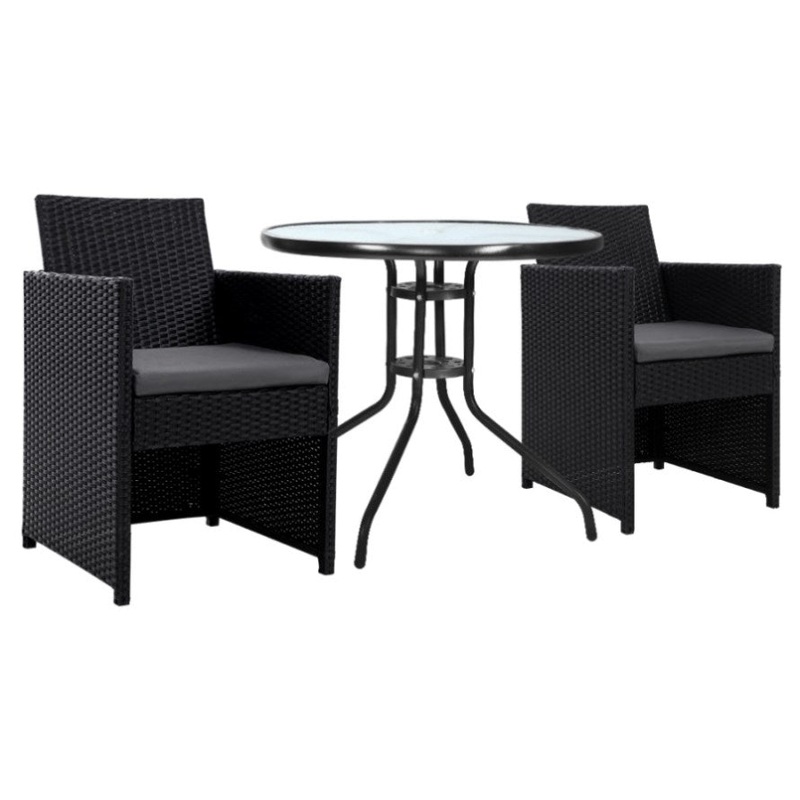 Gardeon 3PC Bistro Set Outdoor Furniture Rattan Table Chairs Cushion Patio Garden Hugo ODF-CHAIRSET-DINING