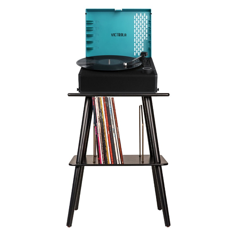 Victrola Revolution Go Turntable – Blue + Entertainment Stand Bundle – Black V398-VTR-750SB-BLU-ST