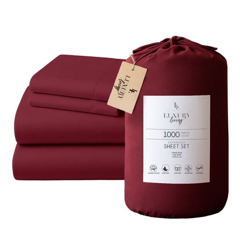 4pc 1000 Thread Count Cotton Rich Queen Bed Sheet Gift Pack CVC Microfibre Blend in Burgundy CVC-10QS-BGY