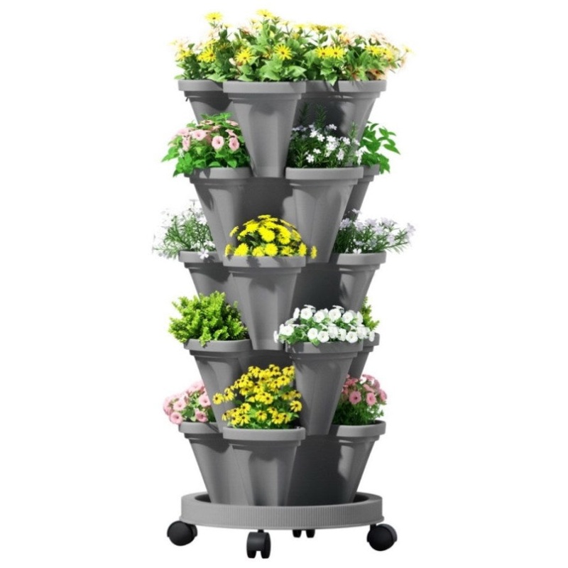 Green Fingers Raised Garden Bed 5 Tier Vertical Garden Grey Strawberry Stackable Planters Herbs GARDEN-PLASTIC-25L-GR