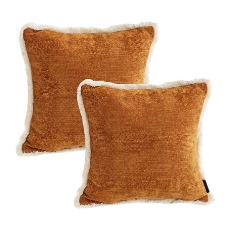 SOGA 2X 45cm Home Aesthetic Chenille Texture Tassel Square Sunset Orange Throw Pillow FRENCHCUSHION247X2