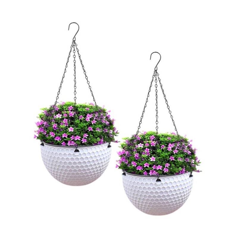 SOGA 2X White Small Hanging Resin Flower Pot Self Watering Basket Planter Outdoor Garden Decor HANGPOT11WHTX2
