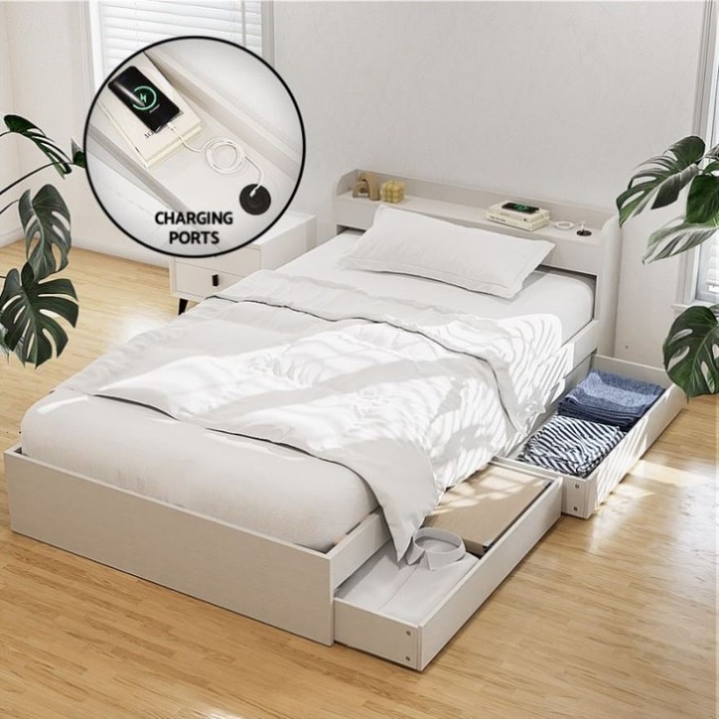 Artiss Bed Frame Single Size with Charging Ports and 2 Drawers AURA WBED-F-AURA-S-WH-AB