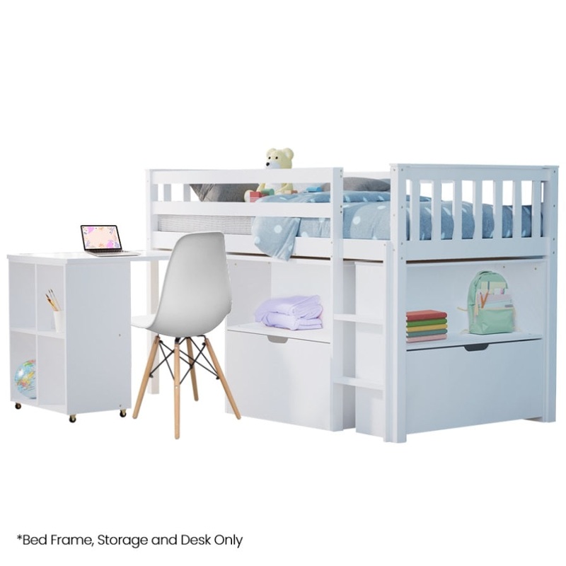 KINGSTON SLUMBER Wooden Kids Single Loft Bed Frame with Pull Out Desk, Storage Drawers – White V219-BEDSBBKSL3WA