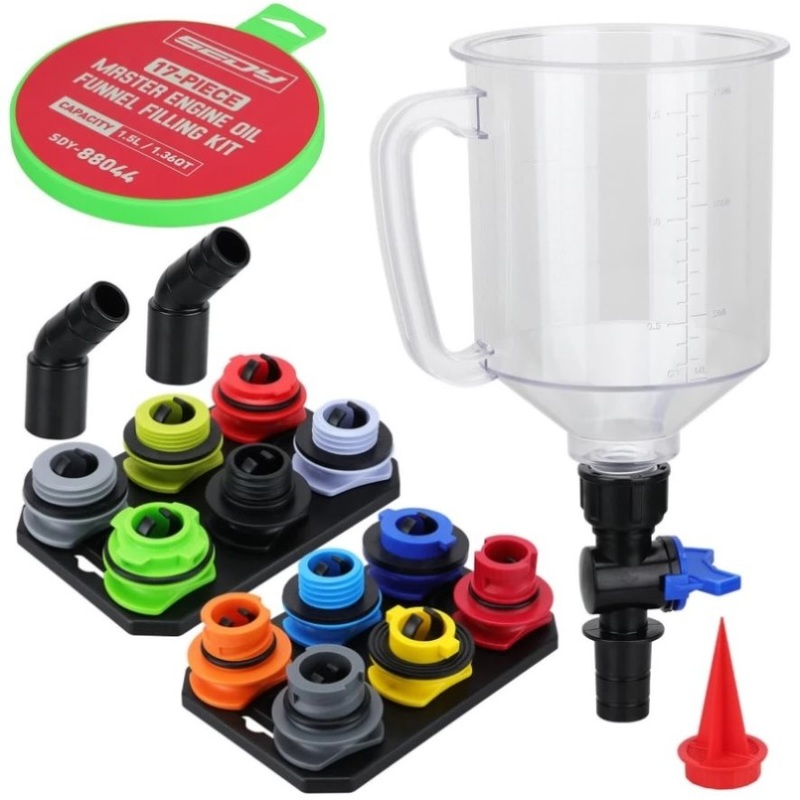 17-Piece Engine Oil Funnel Set 12 Adapters Elbow Fitting Magnetic Storage Tray V465-88044