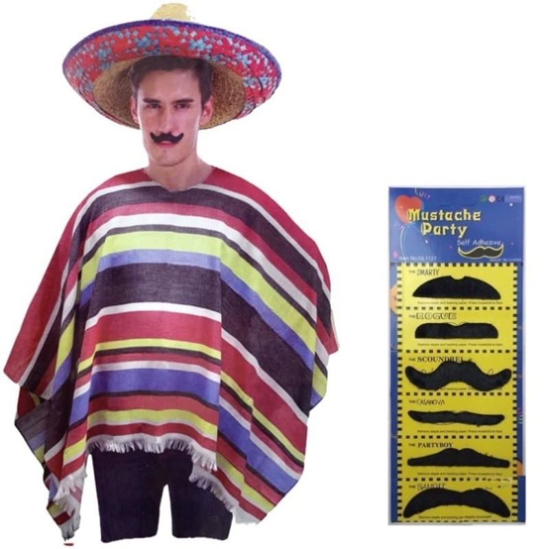 3pc Set Mens Mexican Poncho + Sombrero + Moustache Spanish Cowboy Costume Party V563-MEXICANCOSTUMESET
