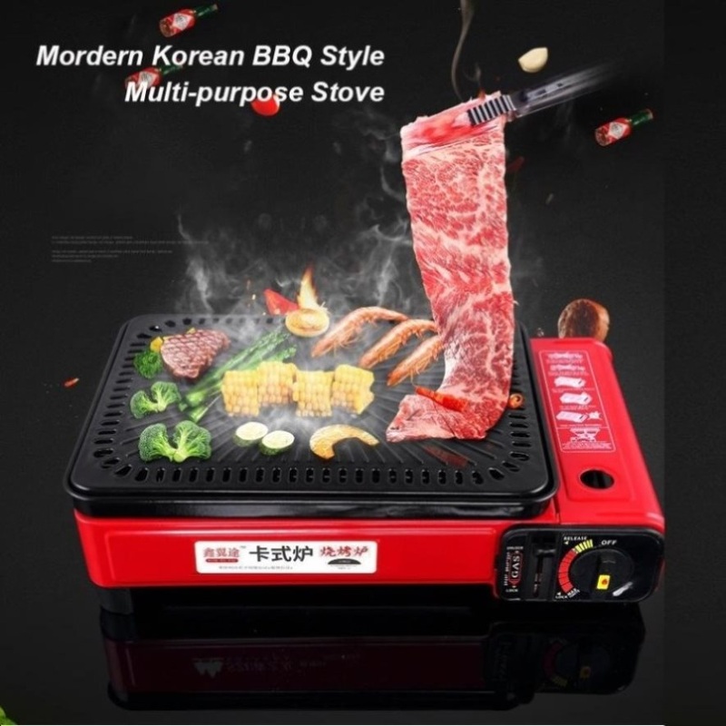 Portable Gas Stove Burner Butane BBQ Camping Gas Cooker With Non Stick Plate Red with Fish Pan and V255-JYT-001-RD