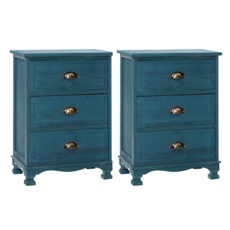 Artiss 2x Bedside Table 3 Drawers Vintage – THYME Blue ST-CAB-B-VIN3D-BUX2