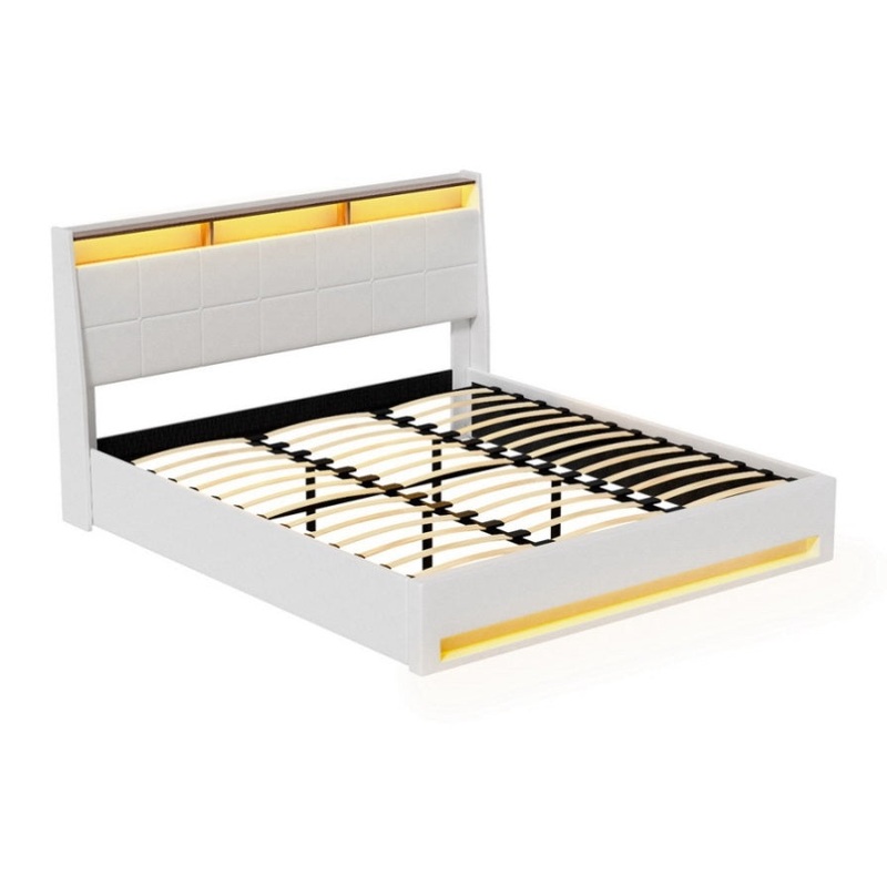Artiss Bed Frame Gas Lift LED Beds Base Platform White PVC Leather Storage Headboard – King BFRAME-G-SUNSET-K-WH-ABC