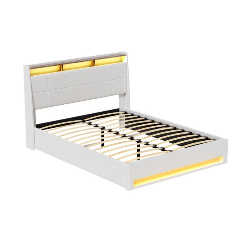Artiss Bed Frame Gas Lift LED Beds Base Platform White PVC Leather Storage Headboard – Queen BFRAME-G-SUNSET-Q-WH-ABC