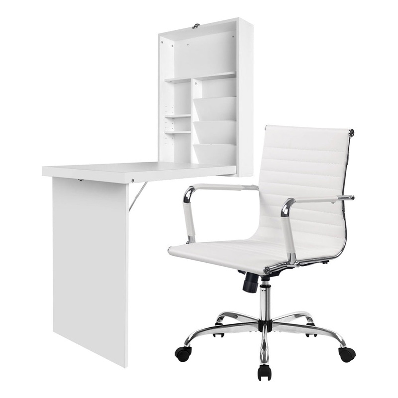 Artiss Computer Desk Office Chair Set PU Leather Wall Mount Foldable Table White DESK-WALL-8147-WH