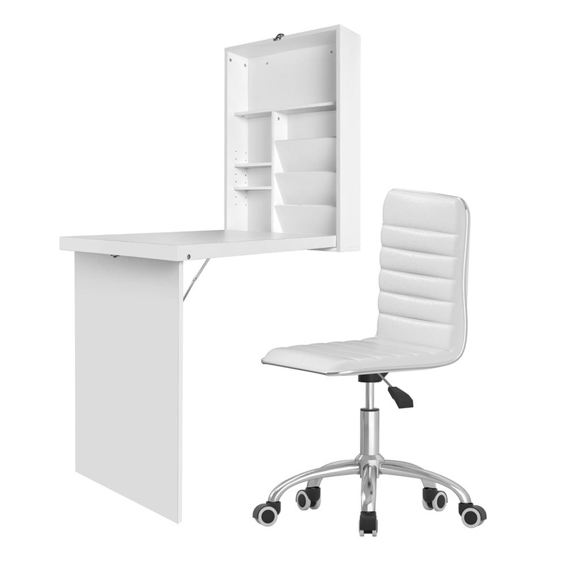 Artiss Computer Desk Office Chair Set PU Leather Wall Mount Foldable Table White DESK-WALL-REPL-WH