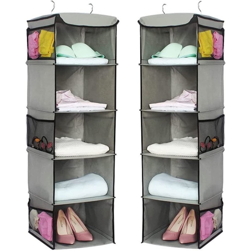 2 Pack 5 Foldable Shelf Hanging Closet Organizer Space Saver with Side Accessories Pockets for V178-87460