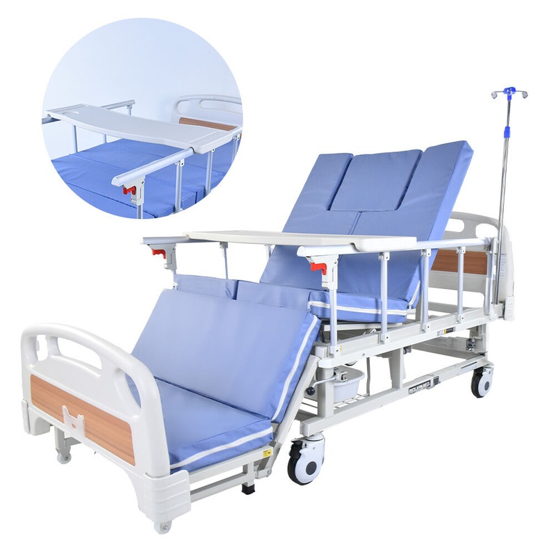 EQUIPMED Medical Bed, w/ Mattress & Over Bed Table, Back and Leg Lifting, Lateral Tilting, Commode V219-BNSADBEQM06A