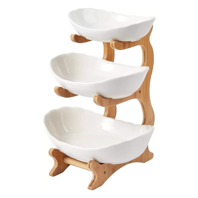 3 Tier Porcelain Fruit Bowl – Ceramic Vegetable Storage With Bamboo Stand V238-SUPDZ-40824953307216