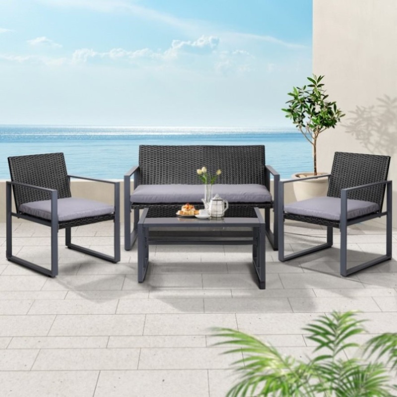 Gardeon 4 PCS Outdoor Sofa Set Rattan Furniture Glass Top Table Chairs Black ODF-4PCS-BST03-BK-AB