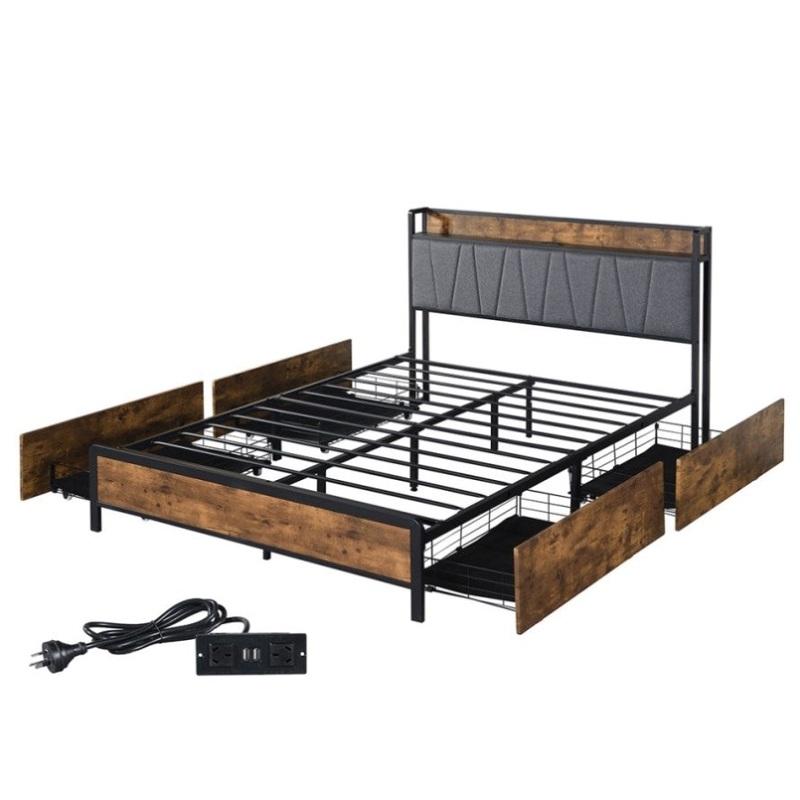 Levede Queen Bed Frame Soft Storage Drawers Headboard USB Charge BF105749