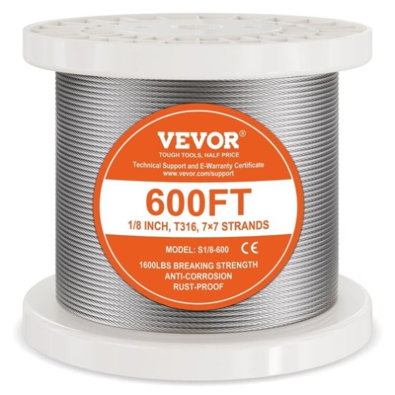 VEVOR T316 Stainless Steel Cable 3.18mm 7×7 Steel Wire Rope 182.3m Cable Railing V952-BXGGSSBXG3160WC09V0