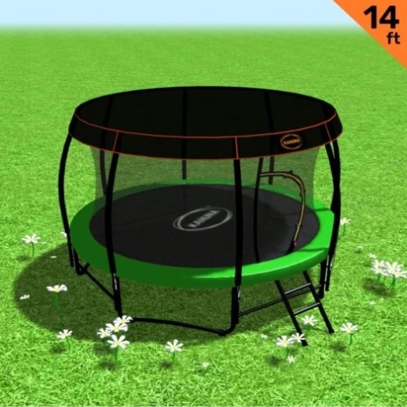 Kahuna Trampoline 14 ft with Basketball Set Roof – Green TRA-KAH-14-GN-RF