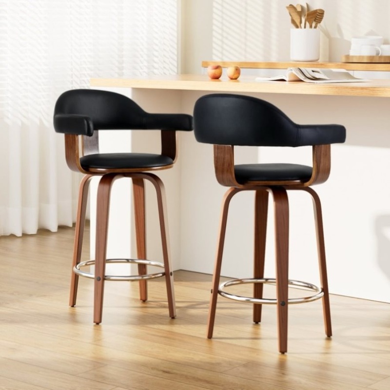 Artiss 2x Bar Stools Leather Seat Wooden Legs BA-TW-8036-BKX2