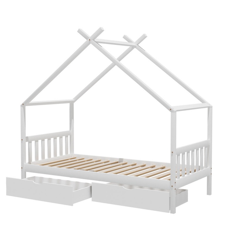 Artiss Bed Frame Wooden Base Kids Single Timber House with 2 Storage Drawers Beds White WBED-G-CABIN-S-WH-DRAW