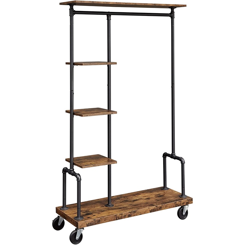 Clothing Garment Rack on Wheels with 5-Tier, Industrial Pipe Style, Rustic Brown V178-11284