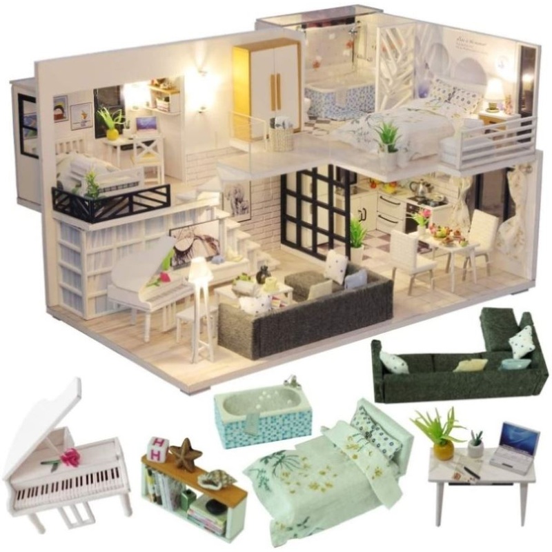 Dollhouse Miniature with Furniture Kit Plus Dust Proof and Music Movement – Happy time V178-13202
