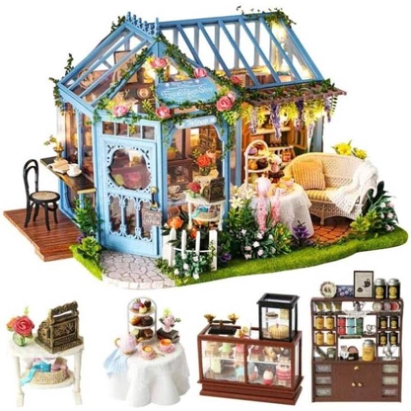 Dollhouse Miniature with Furniture Kit Plus Dust Proof and Music Movement – Rosa Garden Tea V178-13578