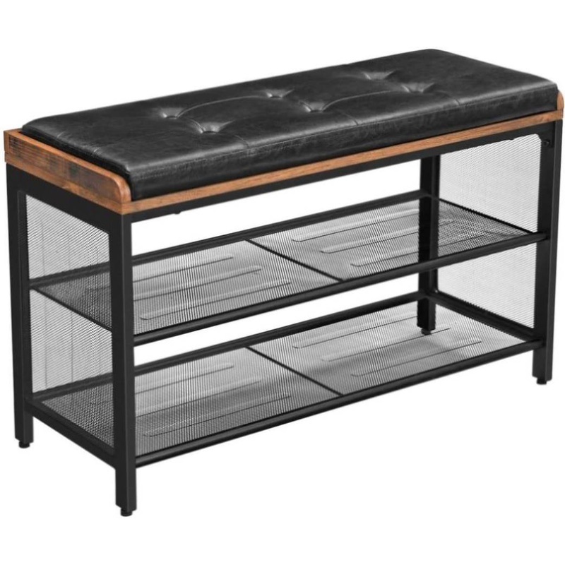Shoe Bench with Mesh Shelf and Faux Leather Vintage Brown Black 80 x 30 x 48 cm V178-11406
