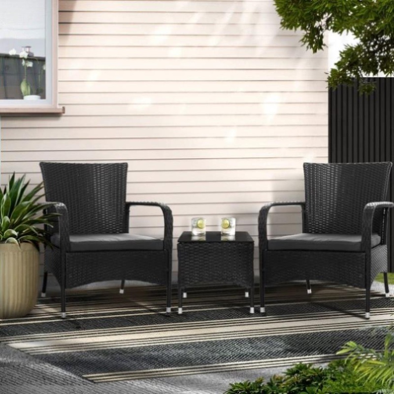 Gardeon 3PC Outdoor Bistro Set Patio Furniture Wicker Setting Chairs Table Luca ODF-BISTRO-RATTAN-XL-BK