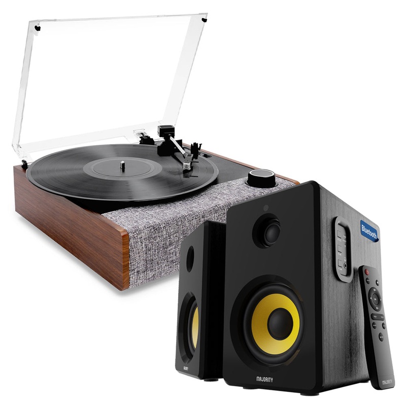 Victrola Eastwood II Turntable – Walnut + Bundled Majority D40X Bluetooth Speakers V398-VTA-74-WLN-MY