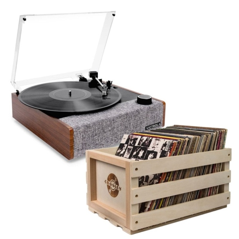 Victrola Eastwood II Turntable – Walnut + Bundled Record Storage Crate V398-VTA-74-WLN-BSC